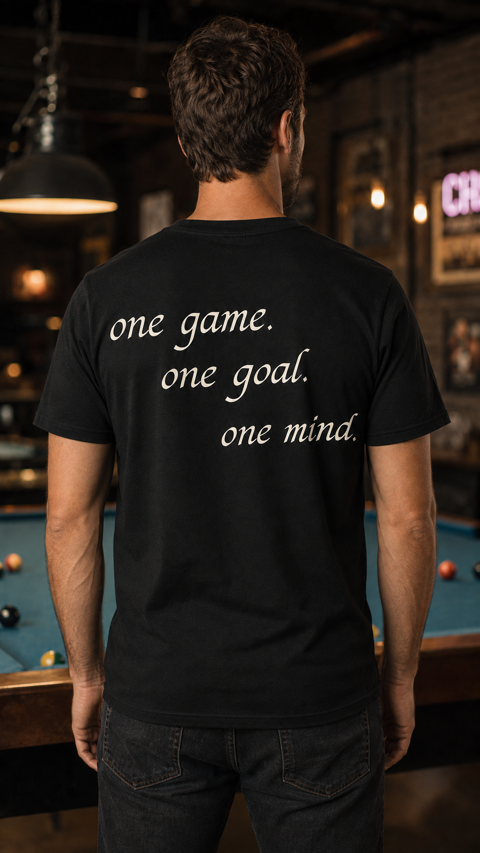 Custom black pool-themed T-shirt worn by a model, back view