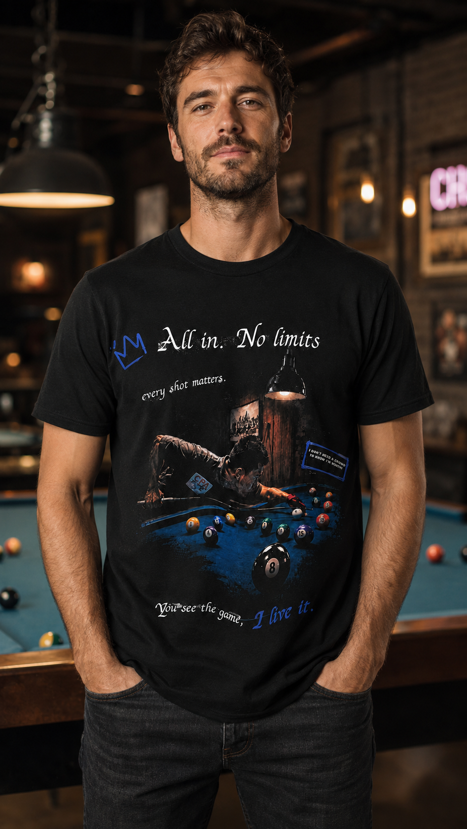 Custom black pool-themed T-shirt worn by a model, front view