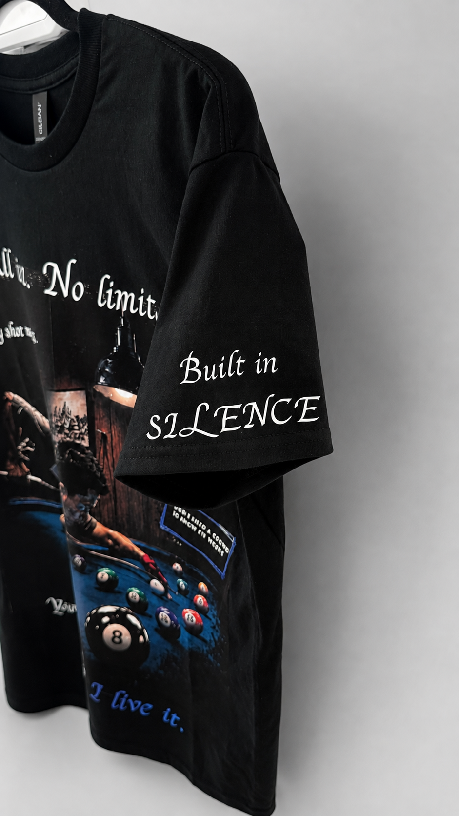 Custom black pool-themed T-shirt sleeve detail