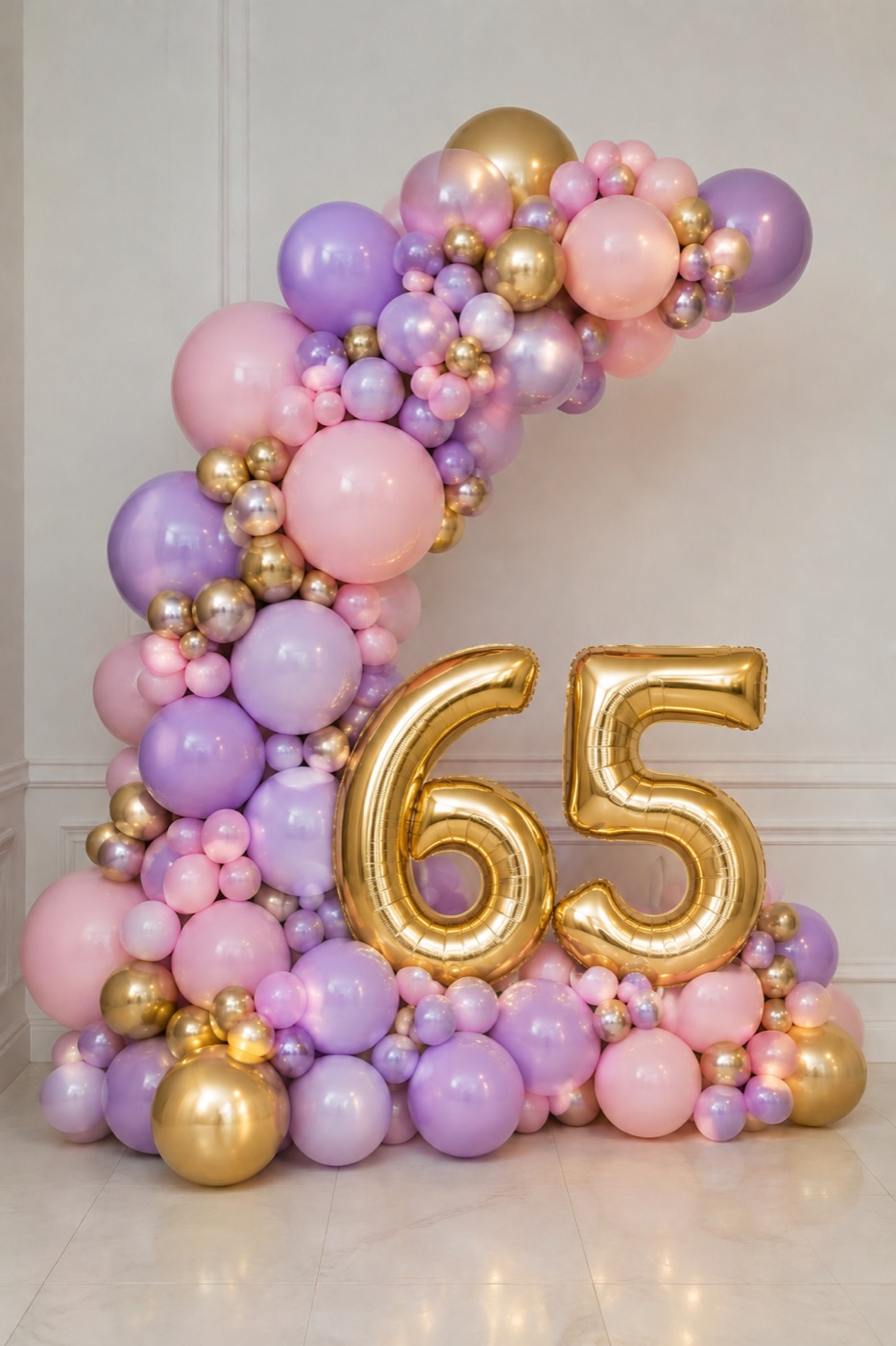 Pink purple and gold 65th birthday balloon installation