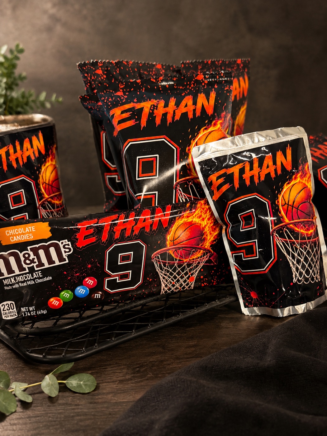Personalized basketball party chip bags, drink labels and candy wrappers