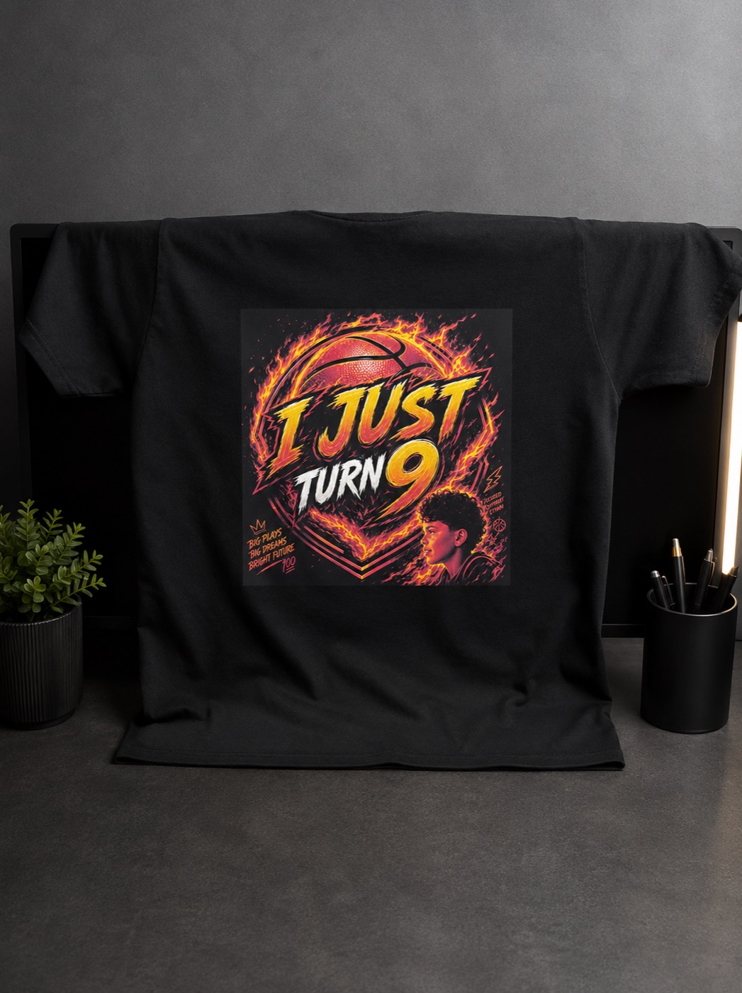 Custom black basketball ninth birthday T-shirt