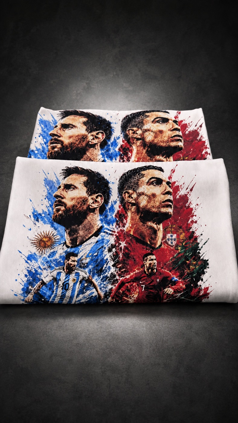Custom soccer T-shirts featuring two legendary players
