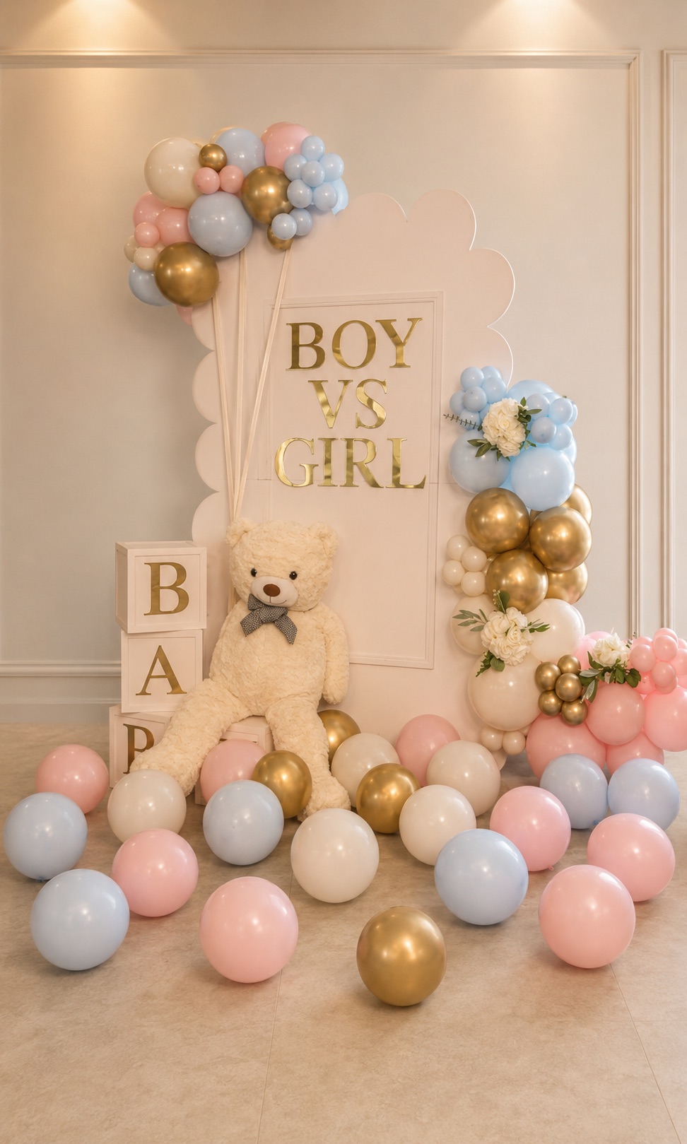 Pastel gender-reveal balloon backdrop with teddy bear by Alina’s Party Studio