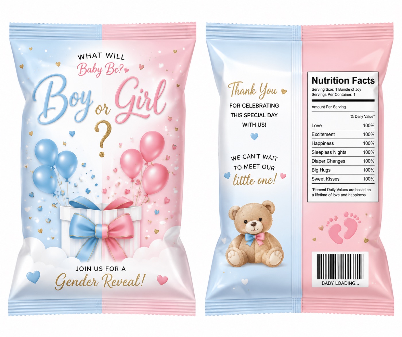 Custom pink and blue gender reveal snack bags