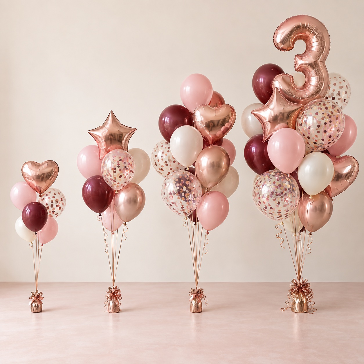 Four helium balloon bouquets in mini, classic, signature and milestone sizes